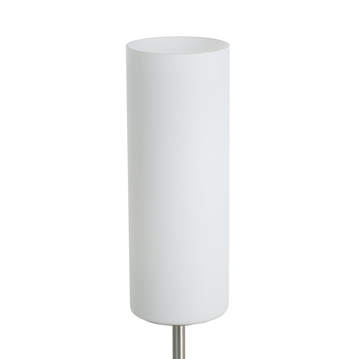 Troy 3 Table Lamp with a tall cylindrical white satin glass shade on a slim satin nickel stem and round base, shown against a plain white background.