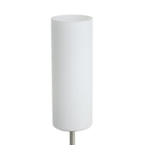 Troy 3 Table Lamp with a tall cylindrical white satin glass shade on a slim satin nickel stem and round base, shown against a plain white background.