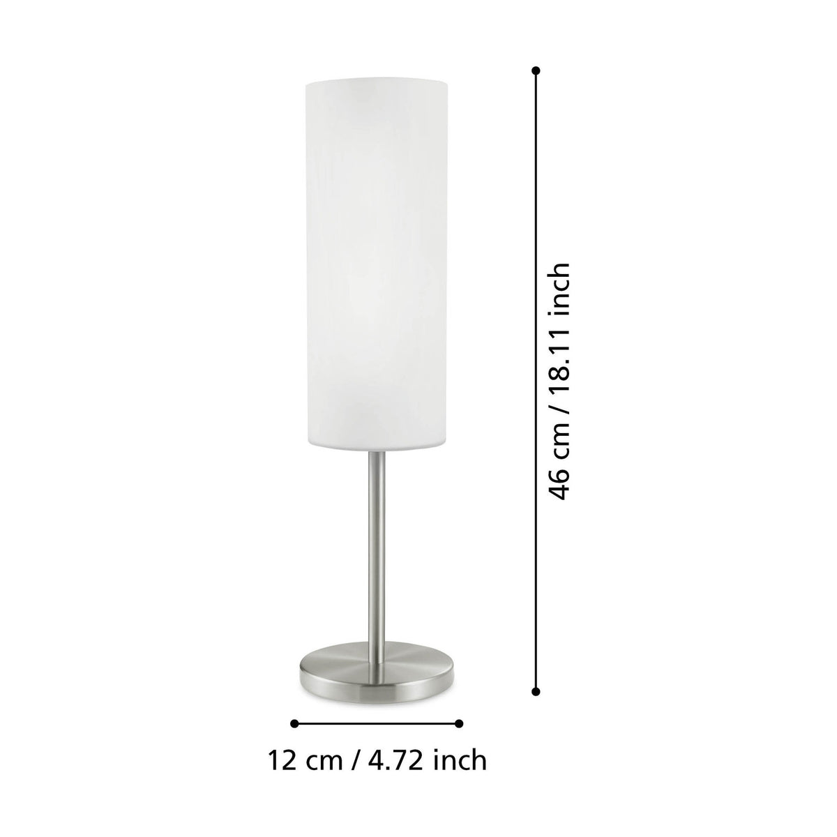 Troy 3 Table Lamp in satin nickel with a tall cylindrical white glass shade on a slim stem and round base, shown with dimensions 46cm height and 12cm base diameter on a white background.