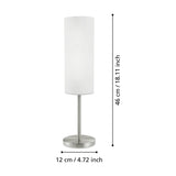 Troy 3 Table Lamp in satin nickel with a tall cylindrical white glass shade on a slim stem and round base, shown with dimensions 46cm height and 12cm base diameter on a white background.
