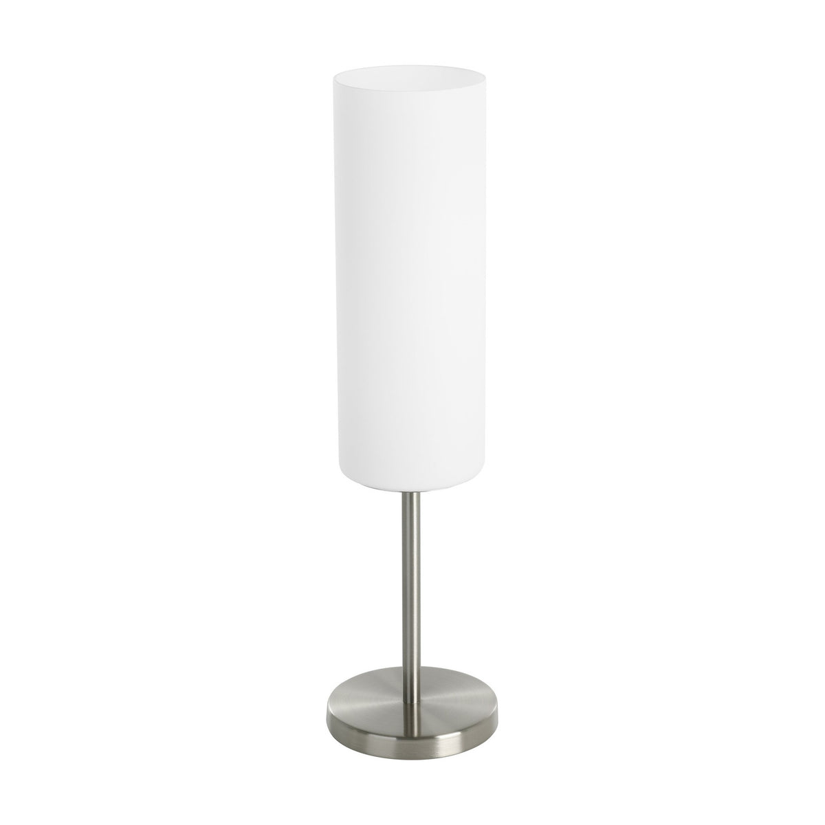 Troy 3 Table Lamp in satin nickel with a tall cylindrical white frosted glass shade on a slim stem and round base, shown on a plain white background.