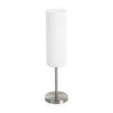 Troy 3 Table Lamp in satin nickel with a tall cylindrical white frosted glass shade on a slim stem and round base, shown on a plain white background.