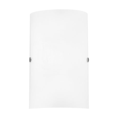 Troy 3 Wall Light in satin nickel, featuring a curved white frosted glass panel secured by two satin nickel knobs, shown on a plain white background.
