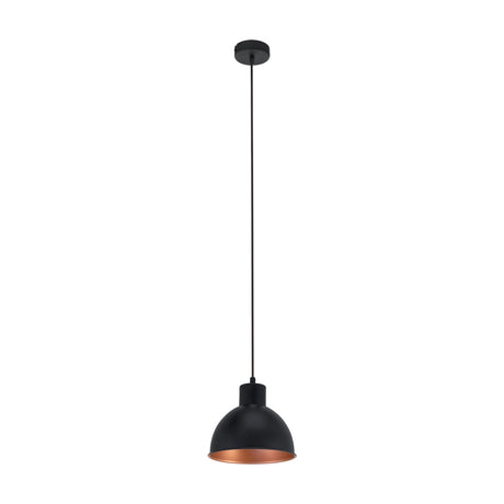 Truro 1 pendant light with a round steel dome shade, black exterior and copper-coloured interior, suspended on a black cord from a black ceiling rose on a plain white background.