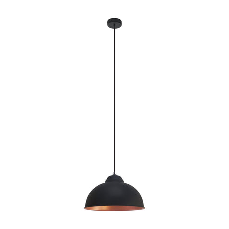 Truro 2 pendant light with a black dome steel shade, copper interior, black ceiling rose and cord, shown on a plain white background.