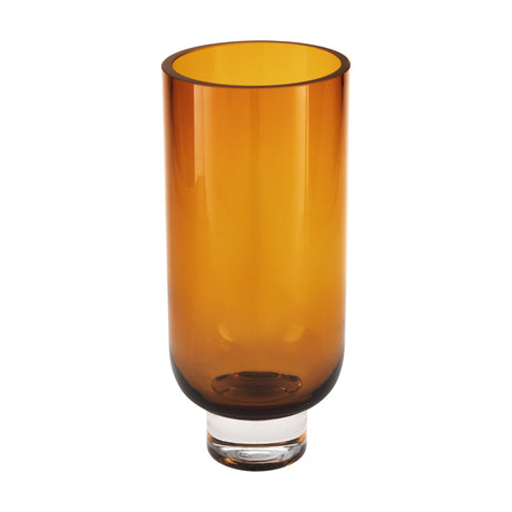 Tudiya Glass Vase 28cm in amber, a tall cylindrical vase with a wide open mouth and clear glass foot, shown on a plain white background.