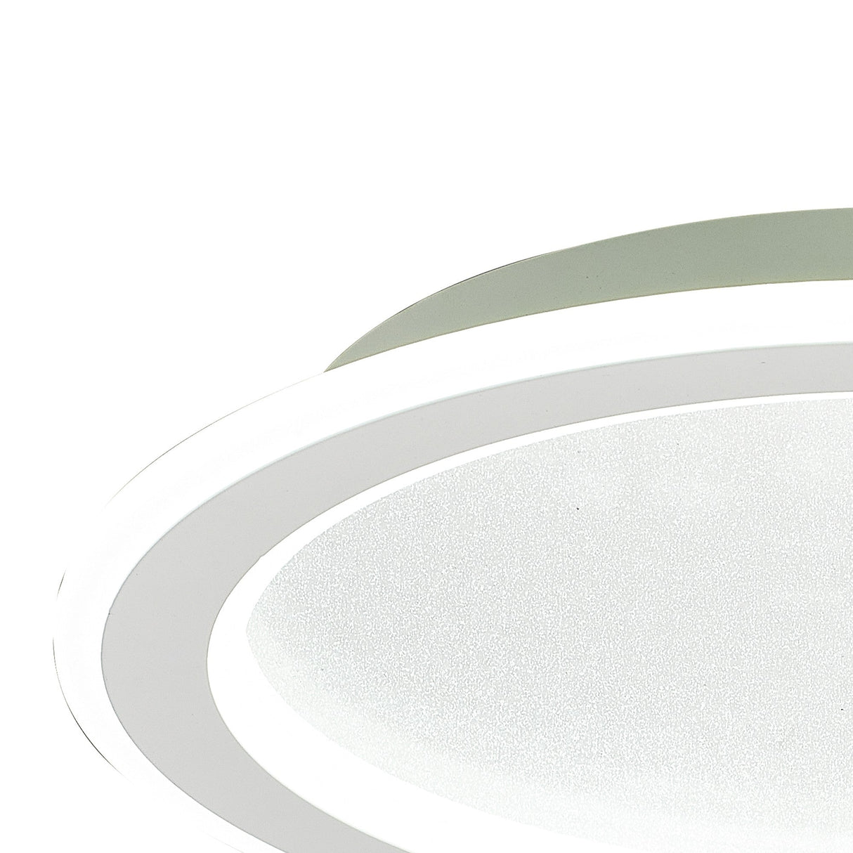 Close-up of the Mantra Tulum white flush ceiling light showing the polycarbonate rim and textured crystalline centre diffuser on a white background.