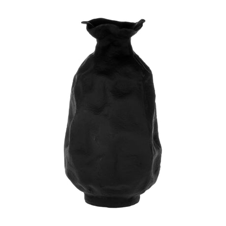 Tulunan Vase 42cm in black aluminium with a crumpled, dented body, narrow neck, ruffled open rim and small foot, shown on a plain white background.