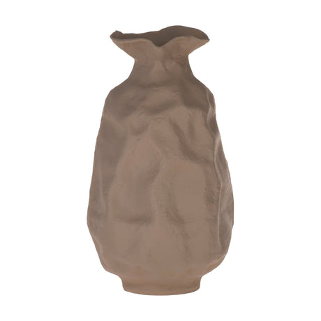 Tulunan Vase 42cm in Sand: a tall aluminium vase with a crumpled, dented texture, narrow pinched neck and wavy rim, matt beige finish, on a plain white background.