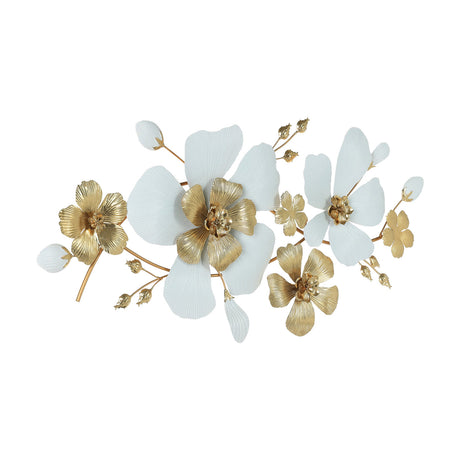 Tupiza Wall Decoration in white and gold, a metal flower spray with ribbed white petals, gold centres, buds and stems, shown on a plain white background.