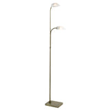 The Udine 2 Light Frosted Glass Floor Lamp in satin chrome features a sleek metallic stand, rectangular base, and two curved arms holding frosted glass shades at staggered heights for a modern look.