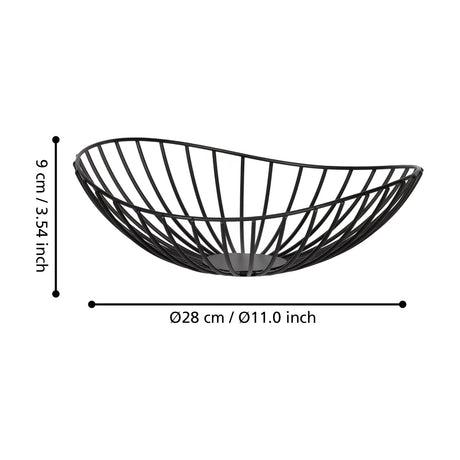 Ueda Metal Decorative Bowl 28cm in black, open wire design with curved ribs and a solid circular base, shown with dimension labels on a white background.