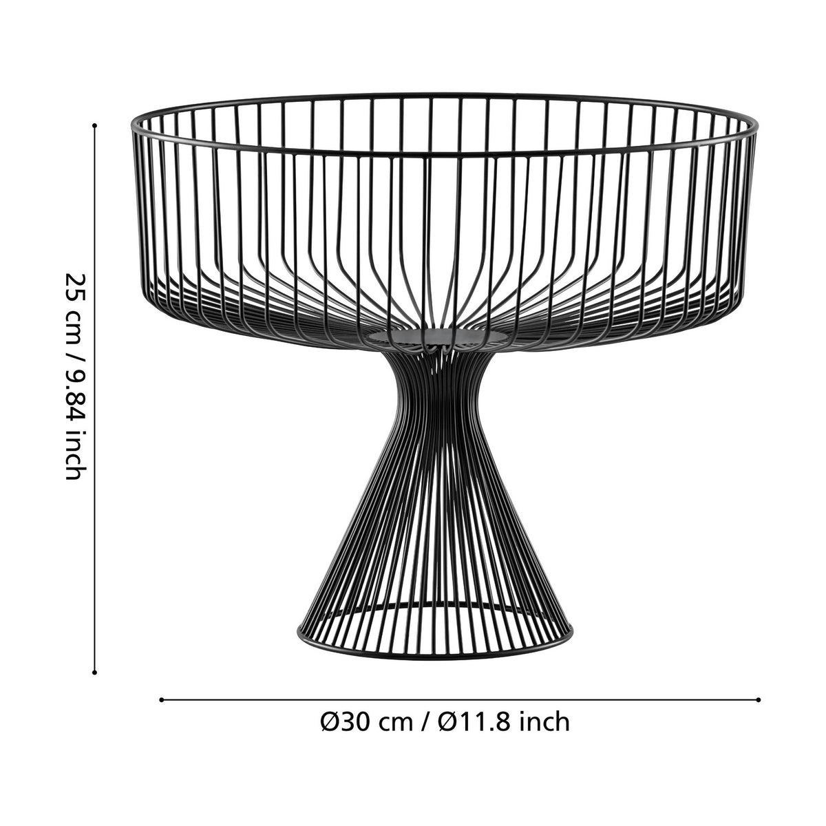 Ueda black metal decorative bowl with open wire basket on a flared pedestal base, shown with dimensions Ø30cm x 25cm on a white background.