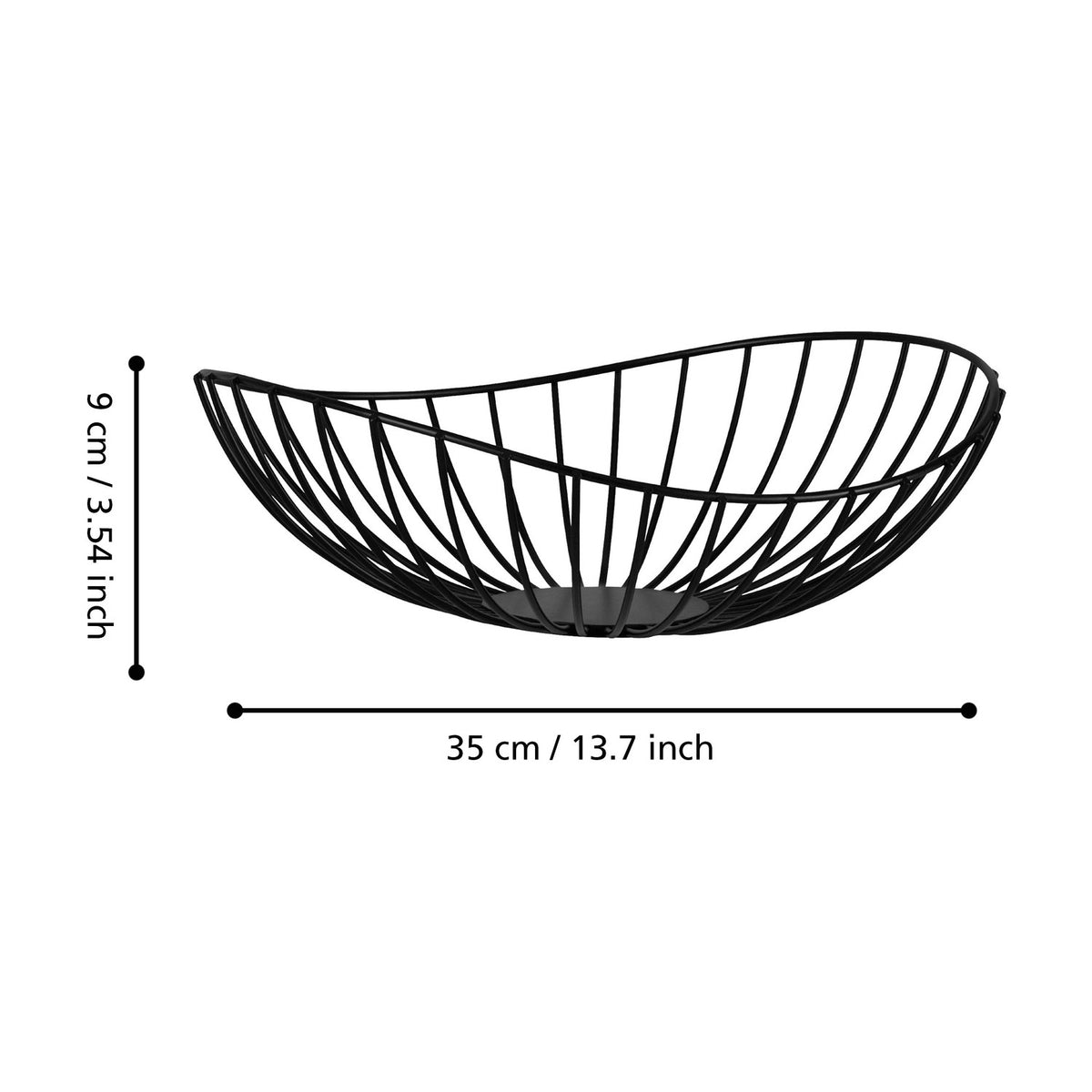 Ueda Metal Decorative Bowl 35cm in black, an oval open-wire design with a wavy rim and small solid base, shown with dimension labels on a white background.