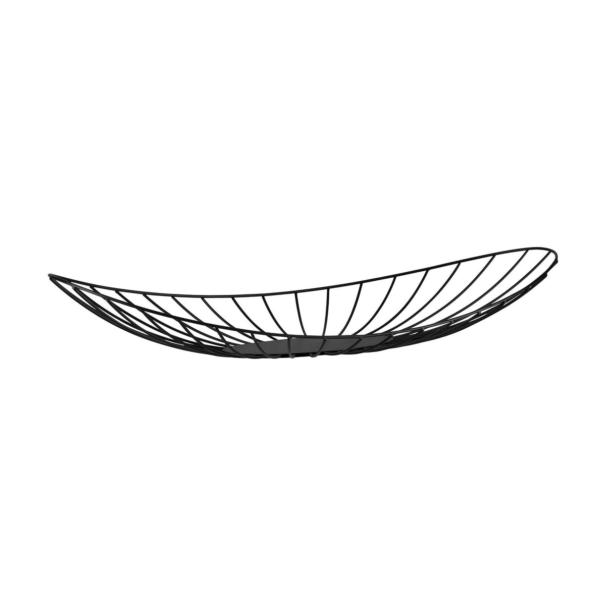 Ueda Metal Decorative Bowl 60 x 23cm in black, a long, shallow leaf-shaped bowl with an open wire frame tapering at both ends, shown on a plain white background.