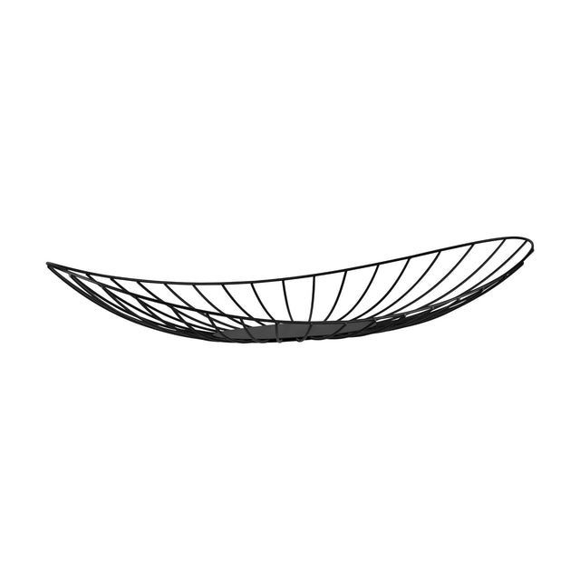 Ueda Metal Decorative Bowl 60 x 23cm in black, a long, shallow leaf-shaped bowl with an open wire frame tapering at both ends, shown on a plain white background.