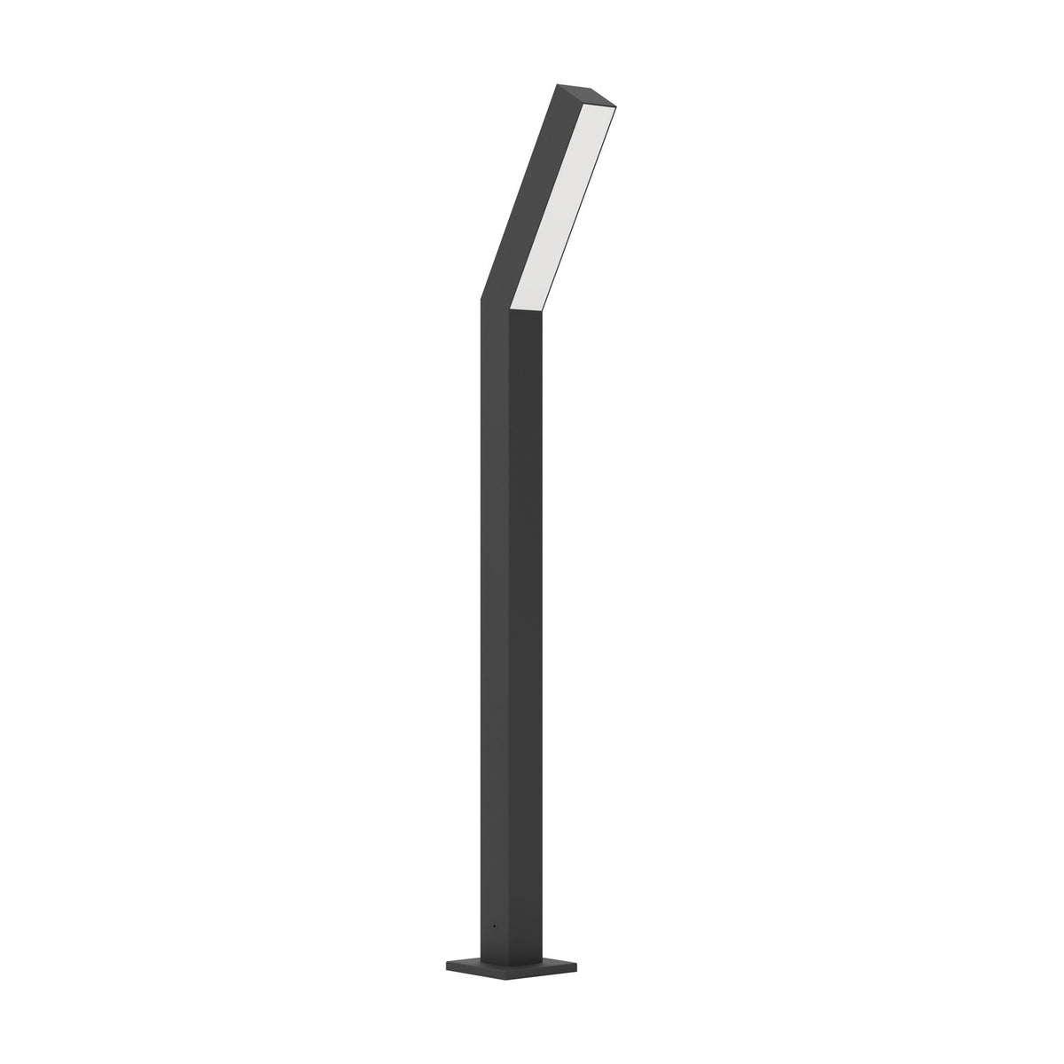Ugento LED bollard light with a slim black square post that angles forward near the top into a white plastic diffuser face, set on a square base plate against a plain white background.
