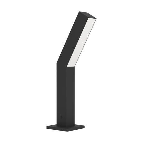 Ugento LED outdoor post light with slim black square aluminium body on a square base, angled head with white plastic diffuser strip, shown on a plain white background.