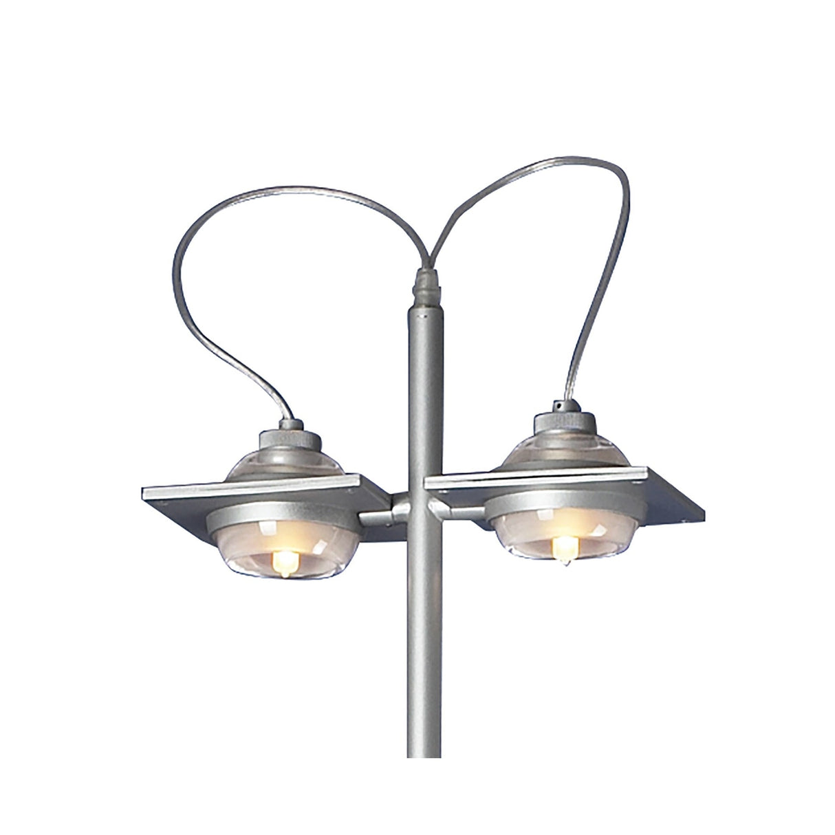 The Ull 2 Light Floor Lamp - Silver features a modern, industrial design with two dome-shaped lights on curved arms extending from a central pole, providing striking ambient lighting.