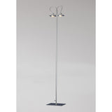 The Ull 2 Light Floor Lamp - Silver features a modern, minimalist design with a slim silver pole, square base, and two upward-facing cone lamps for ambient lighting. It is shown against a plain light gray background.