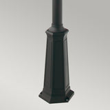 A tall, black lamp post base featuring a square design and intricate detailing, reminiscent of the sophisticated Valencia 3 Light Triple Head Lamp Post - Black style, is set against a neutral gray background.