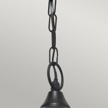 A detailed view of the Valencia Outdoor 1 Light Chain Pendant in black, featuring interlinked oval and circular loops crafted from die-cast aluminum, supports a light fixture against a plain gray background.