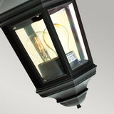 The Valencia Outdoor 1 Light Half Lantern - Black features a close-up view showing off the visible bulb and a discreet label within its black fixture. Its vintage outdoor lighting design stands out beautifully against a neutral gray backdrop, echoing an enduring half lantern style.