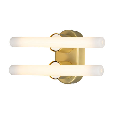 Valencia Brass Double Wall Light with two horizontal frosted tube bulbs mounted on a round brass backplate, shown against a plain white background.