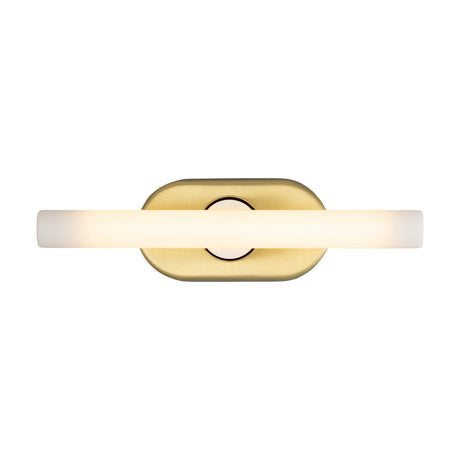 Valencia Brass Wall Light with a rounded oblong brass wall plate and central S14d linear bulb, shown lit against a plain white background.