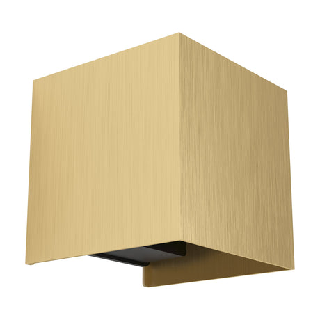 Valmontone LED Wall Light in brushed brass, a compact cube-shaped aluminium fixture with fine linear grain, shown on a plain white background.