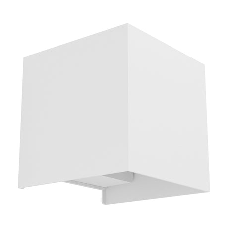 Valmontone LED Wall Light in white aluminium, a cube-shaped fixture with an open base for downward light spill, shown on a plain white background.