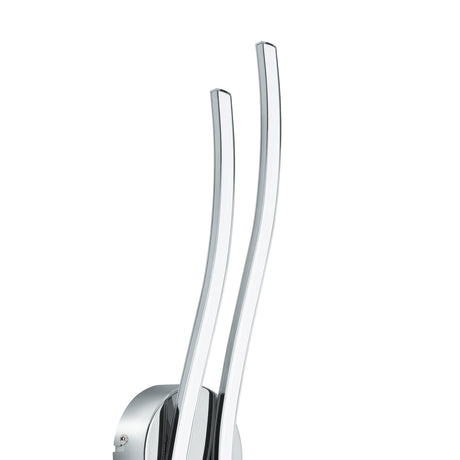 Valmora LED wall light in chrome, showing two curved aluminium bars with white plastic diffusers rising from a round wall plate, set against a plain white background.
