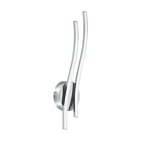 Valmora LED Wall Light in chrome, featuring two curved wavy bars of differing heights rising from a round wall plate, each with a white plastic diffuser, shown on a plain white background.