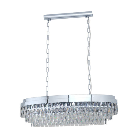 Valparaiso 10 Light Linear Pendant in chrome, oval steel frame hung by two chains from a ceiling bar, with tiered faceted clear glass drops, shown on a plain white background.