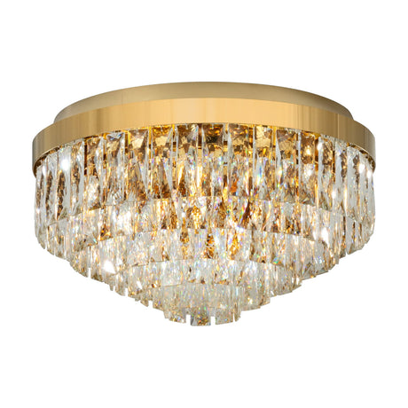 Valparaiso 8 Light Ceiling Light in Gold, a round flush fitting with a gold steel body and tiered layers of clear faceted glass drops, shown on a plain white background.
