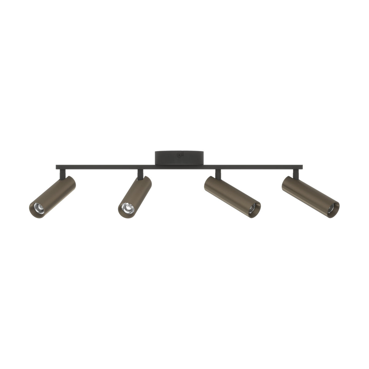 Valproto LED 4 Light Spotlight Bar in black steel with cylindrical dark bronze shades on a slim central bar, shown on a plain white background.