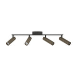 Valproto LED 4 Light Spotlight Bar in black steel with cylindrical dark bronze shades on a slim central bar, shown on a plain white background.
