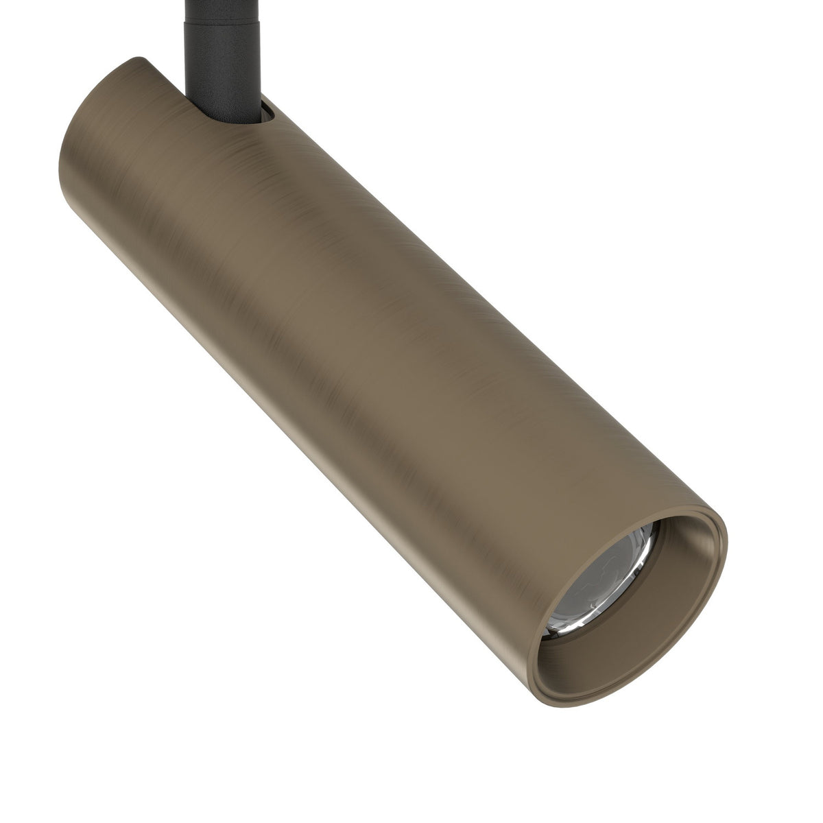 Close-up of one cylindrical dark bronze spotlight head from the Valproto LED 4 Light Spotlight Bar, mounted on a black steel rod against a white background.
