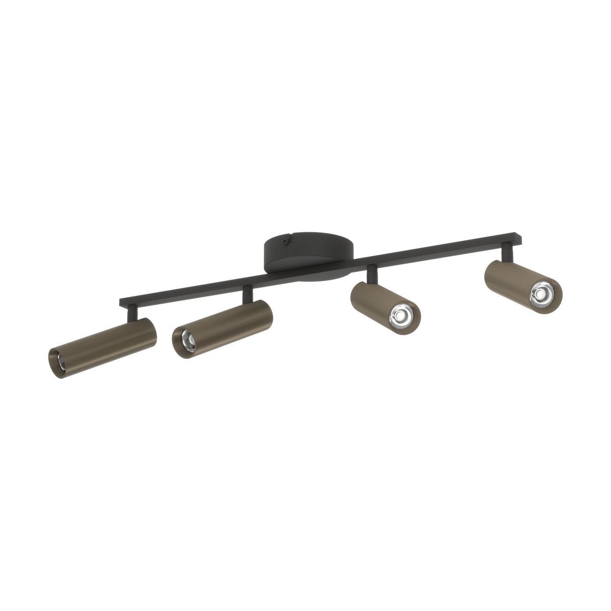 Valproto LED 4 Light Spotlight Bar in black steel with cylindrical dark bronze shades, each spot adjustable, shown on a plain white background.