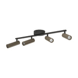 Valproto LED 4 Light Spotlight Bar in black steel with cylindrical dark bronze shades, each spot adjustable, shown on a plain white background.