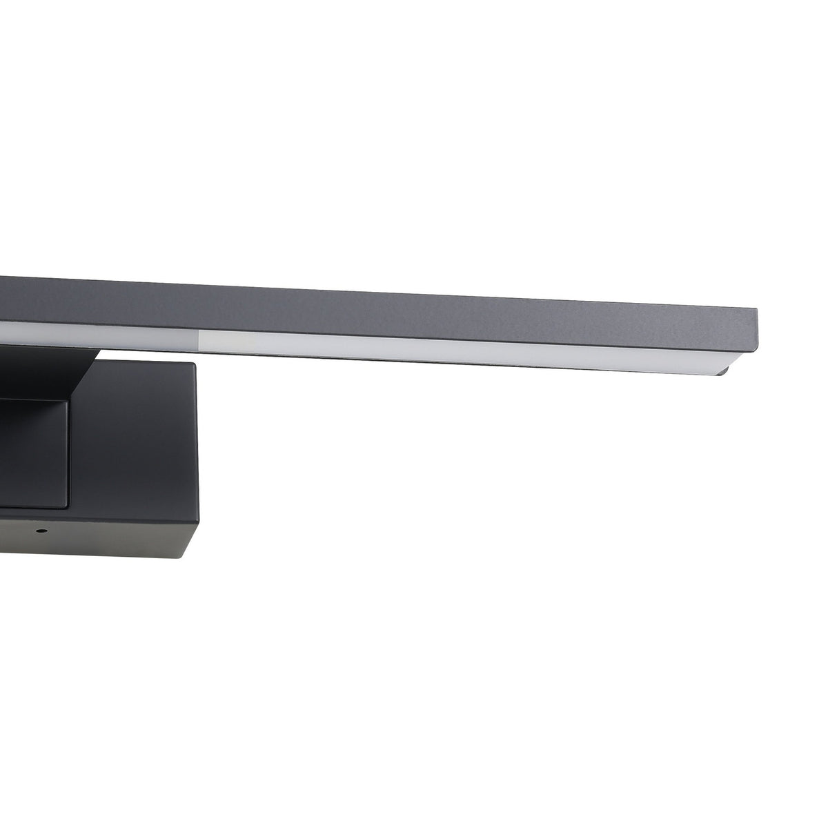 Close-up of the Varette LED Bathroom Mirror Light in black, showing a slim aluminium bar with a white plastic diffuser strip mounted on a rectangular wall block, against a plain white background.