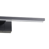 Close-up of the Varette LED Bathroom Mirror Light in black, showing a slim aluminium bar with a white plastic diffuser strip mounted on a rectangular wall block, against a plain white background.