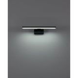 Varette 40cm LED bathroom mirror light in black, a slim aluminium bar on a rectangular wall mount, shown illuminated against a plain grey wall.