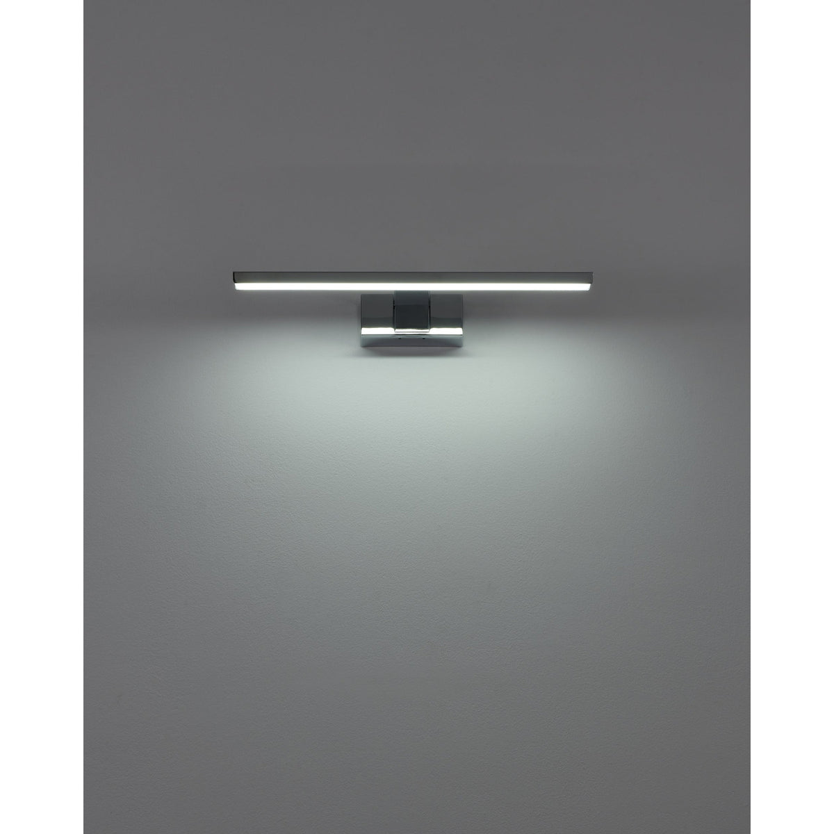 Varette LED bathroom mirror light, 40cm chrome bar fixture on a square wall bracket, illuminated with cool white light against a plain grey background.