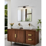 Varette LED Bathroom Mirror Light, 60cm black aluminium bar fixture mounted above a square mirror in a bathroom with a walnut double vanity and brass fittings.