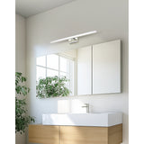 Varette LED Bathroom Mirror Light 60cm in chrome, mounted above a mirrored cabinet in a modern bathroom with a wall-hung timber vanity and basin.