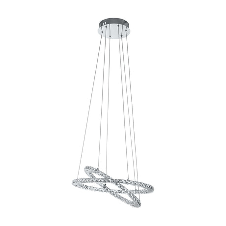 Varrazo pendant light with two interlocking crystal-set rings on a chrome steel band, suspended on fine wires from a round chrome ceiling canopy against a plain white background.