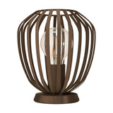 Varvessa Table Lamp in bronze, featuring a rounded cage shade of curved steel strips with an open top ring, exposed E27 bulb, and low disc base, shown on a plain white background.