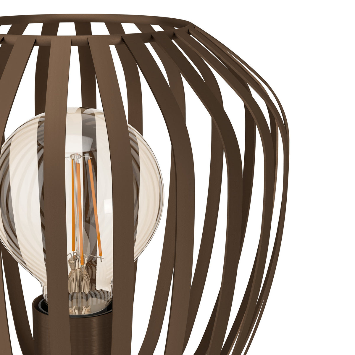 Close-up of the Varvessa Table Lamp in bronze, showing its curved steel cage shade and exposed E27 bulb with visible filaments, on a plain white background.