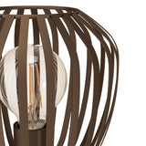 Close-up of the Varvessa Table Lamp in bronze, showing its curved steel cage shade and exposed E27 bulb with visible filaments, on a plain white background.